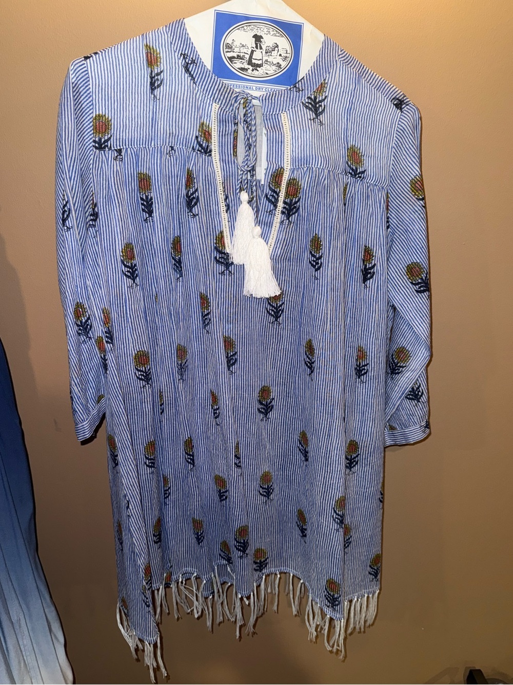 Roberta Roller Rabbit Blue White Striped Tassel Tunic with Yellow Floral Motif